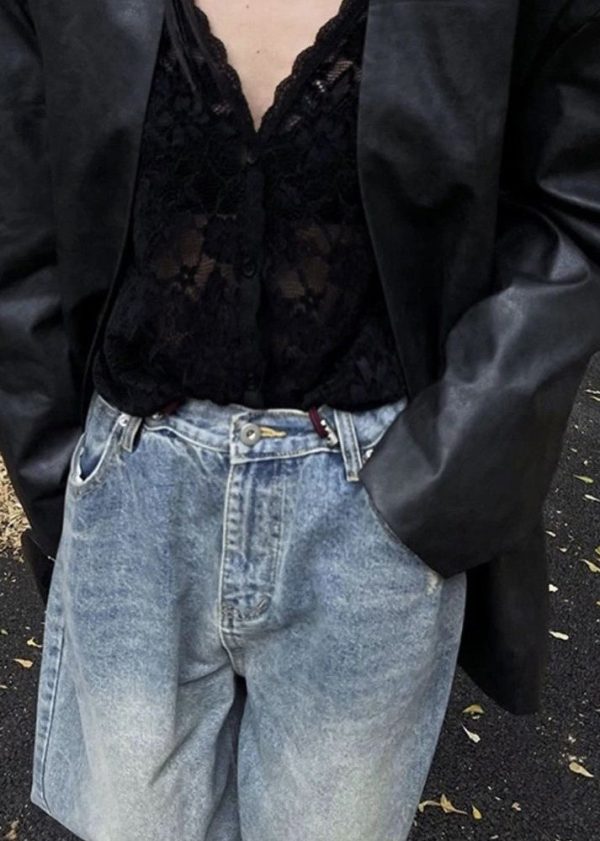 Bohemian Black V Neck Hollow Out Lace Shirt Spring - Image 3