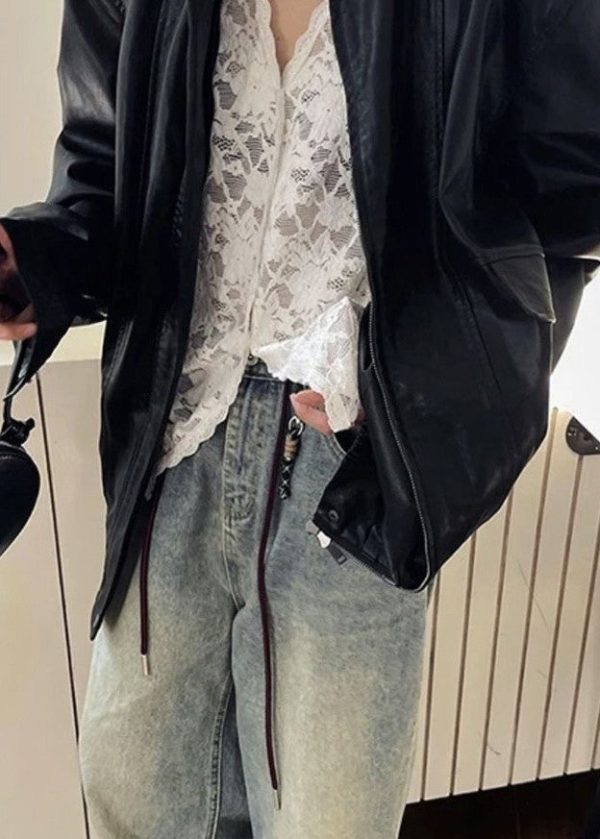 Bohemian Black V Neck Hollow Out Lace Shirt Spring - Image 5