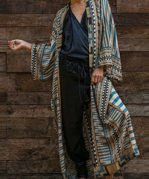 Bohemian Blue Geometric Print Long sleeve kimono robe Mid Summer Cotton