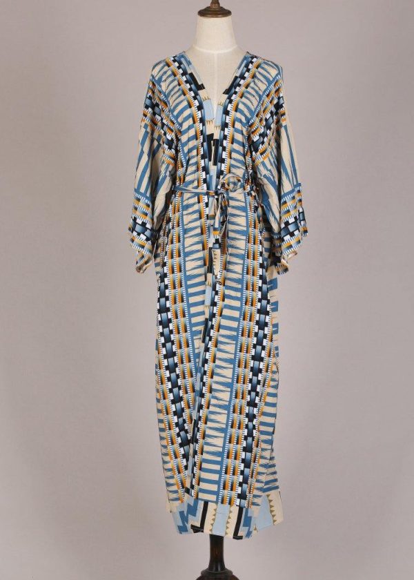 Bohemian Blue Geometric Print Long sleeve kimono robe Mid Summer Cotton - Image 5