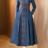 Bohemian Blue V Neck Embroidered Patchwork Denim Dresses Fall