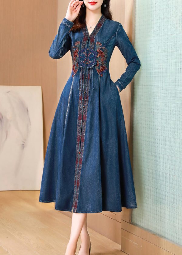 Bohemian Blue V Neck Embroidered Patchwork Denim Dresses Fall - Image 2