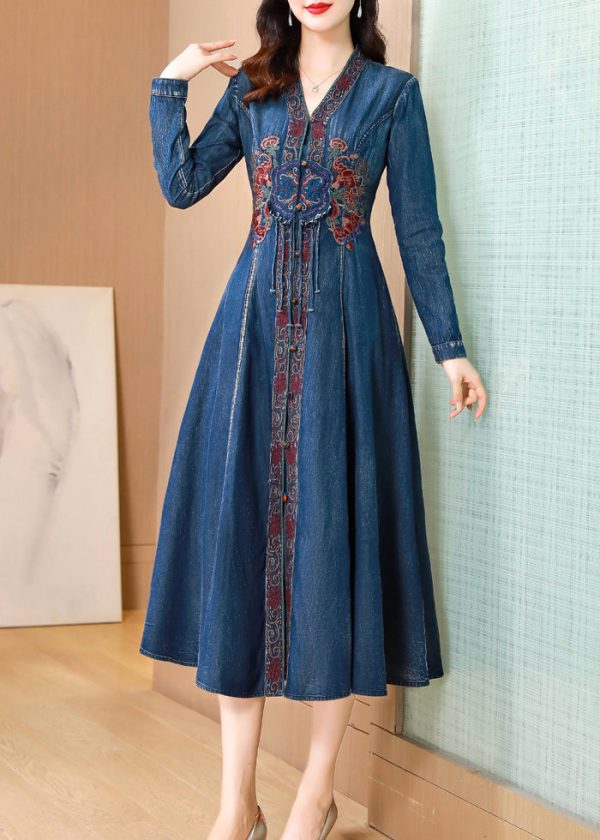 Bohemian Blue V Neck Embroidered Patchwork Denim Dresses Fall - Image 3