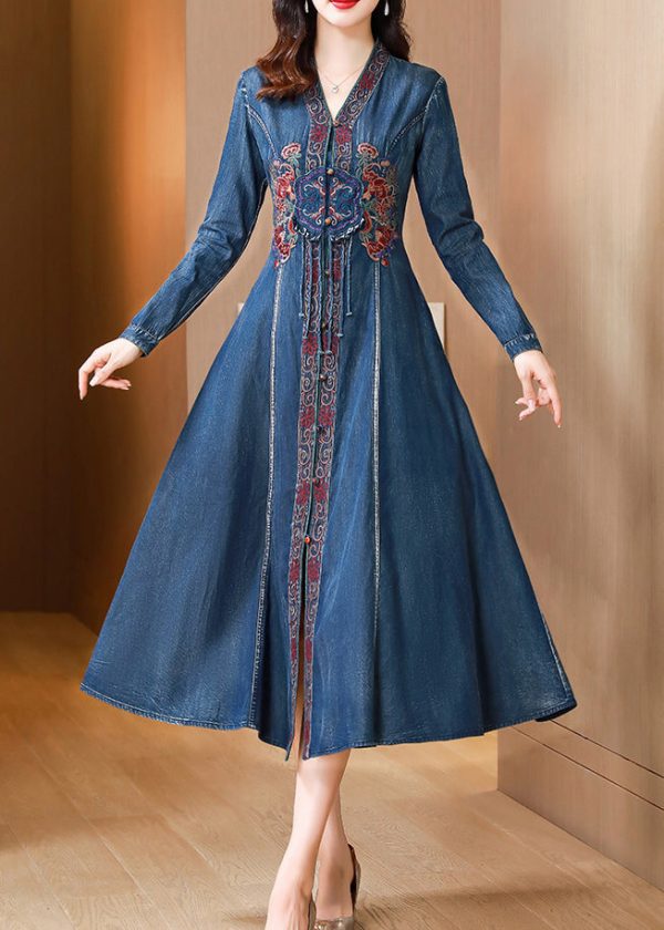 Bohemian Blue V Neck Embroidered Patchwork Denim Dresses Fall - Image 4