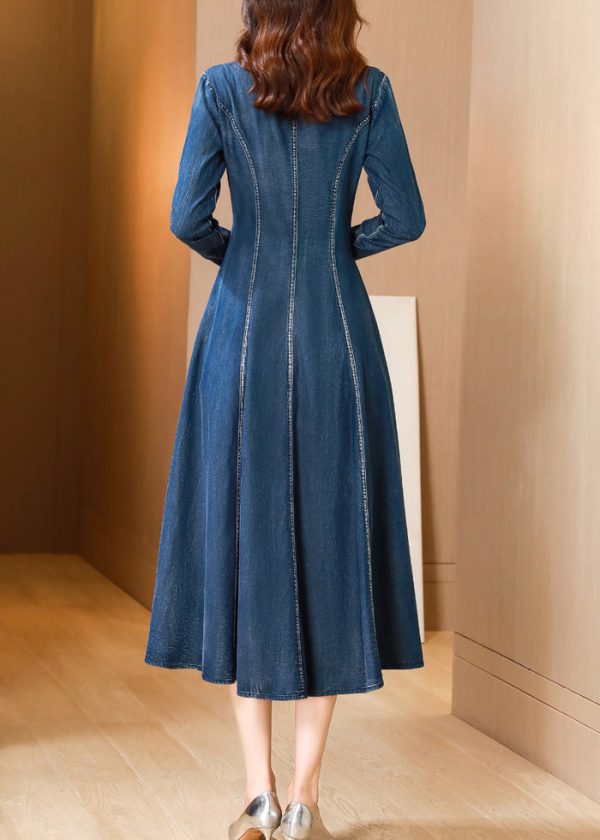 Bohemian Blue V Neck Embroidered Patchwork Denim Dresses Fall - Image 5