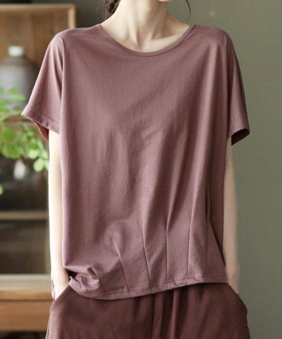 Bohemian Brick Red asymmetrical design O-Neck Patchwork Summer Cotton Shirts
