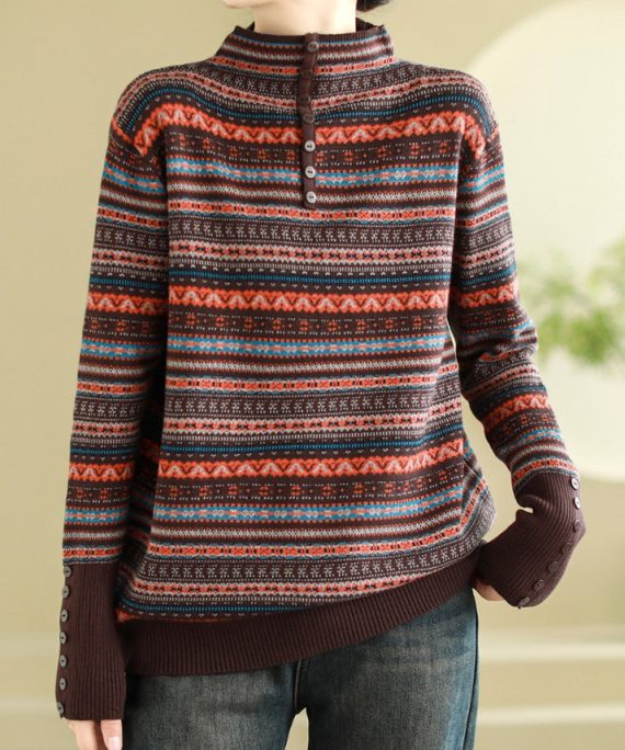 Bohemian Brown Stand Collar Striped Knit Sweaters Spring
