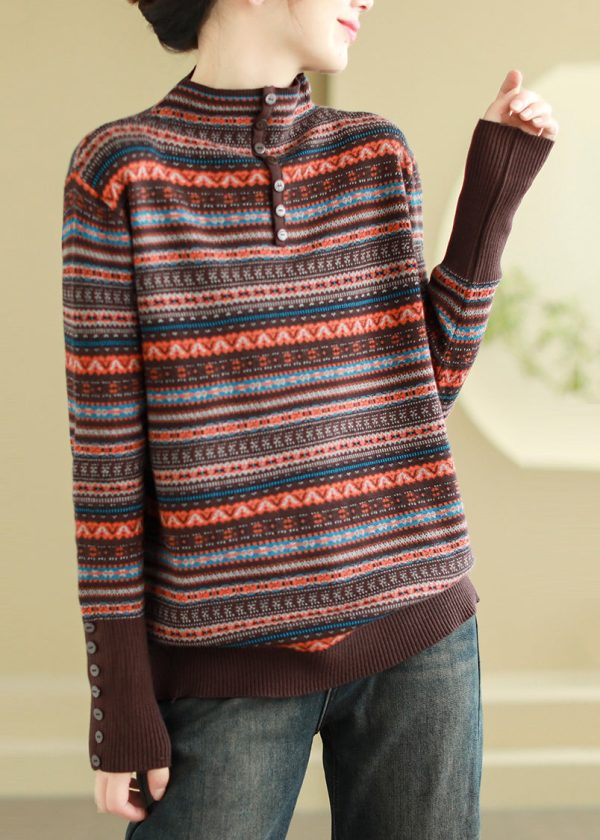 Bohemian Brown Stand Collar Striped Knit Sweaters Spring - Image 2
