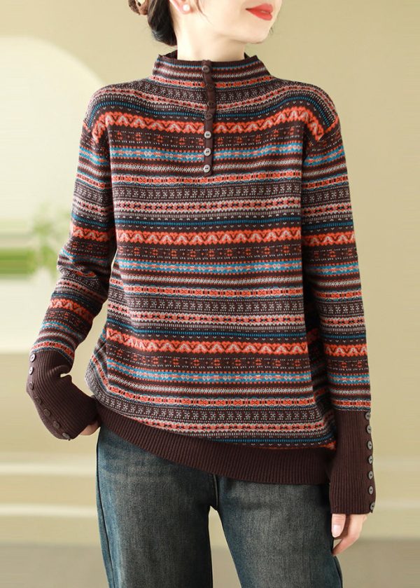 Bohemian Brown Stand Collar Striped Knit Sweaters Spring - Image 3