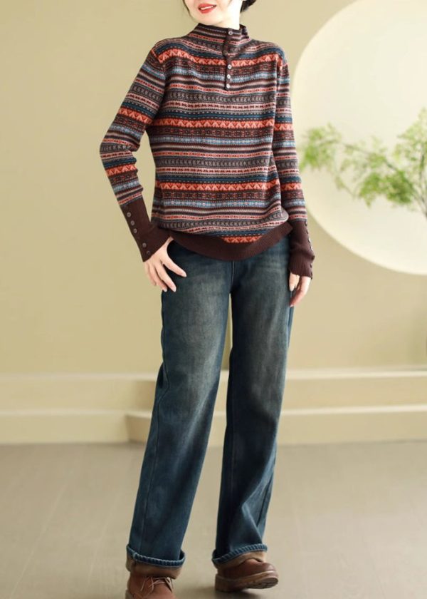Bohemian Brown Stand Collar Striped Knit Sweaters Spring - Image 4