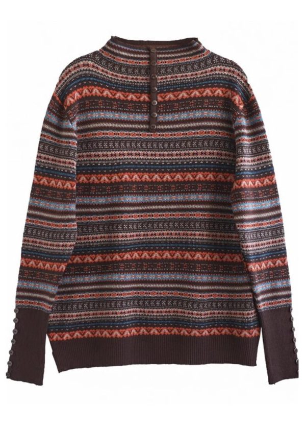 Bohemian Brown Stand Collar Striped Knit Sweaters Spring - Image 5