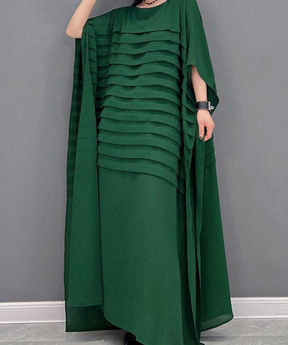 Grace Green O-Neck Striped Chiffon Ankle Dress Batwing Sleeve