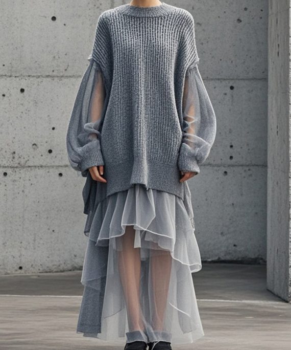 Bohemian Grey Oversized Patchwork Tulle Sweater Dress Fall