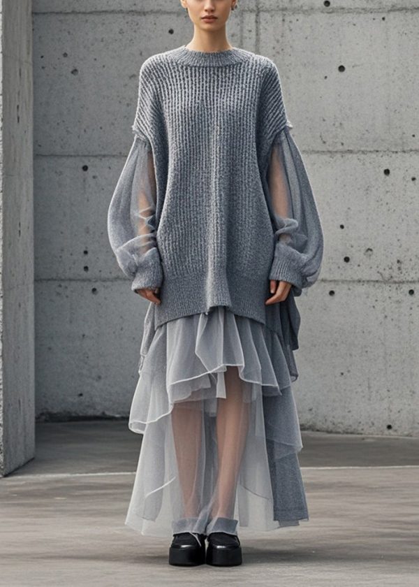 Bohemian Grey Oversized Patchwork Tulle Sweater Dress Fall - Image 3