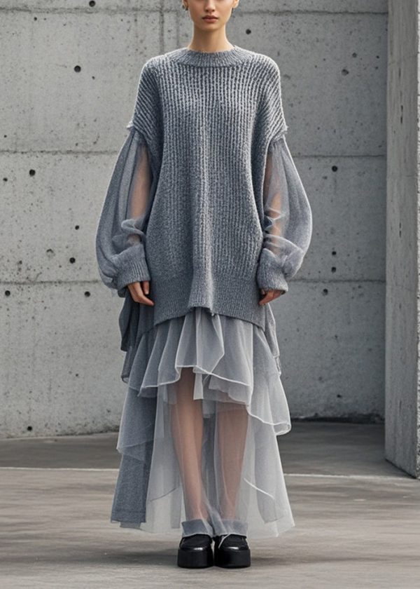 Bohemian Grey Oversized Patchwork Tulle Sweater Dress Fall - Image 5
