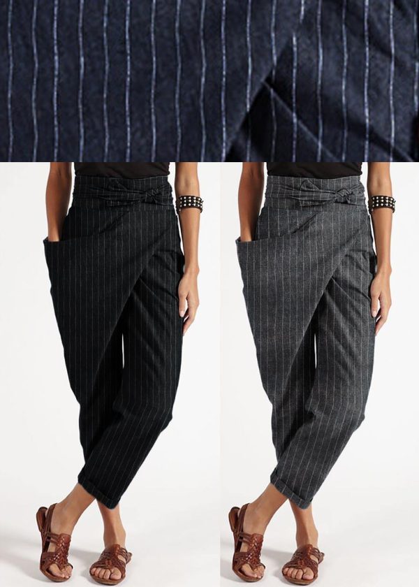 Bohemian Grey Striped High Waist Cotton Harem Pants Summer - Image 5