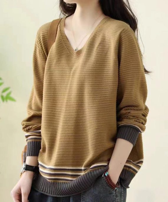 Bohemian Khaki Oversized Striped Sweater Spring