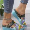 Bohemian Peacock Blue Hollow Out Splicing Wedge Slide Sandals