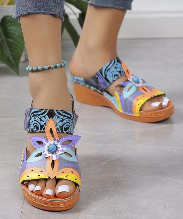 Bohemian Peacock Blue Hollow Out Splicing Wedge Slide Sandals - Image 2