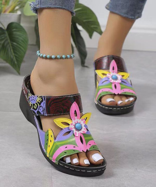 Bohemian Peacock Blue Hollow Out Splicing Wedge Slide Sandals - Image 3
