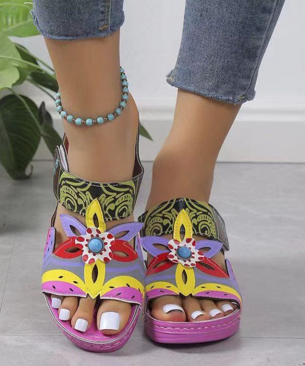 Bohemian Peacock Blue Hollow Out Splicing Wedge Slide Sandals - Image 4