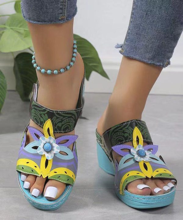Bohemian Peacock Blue Hollow Out Splicing Wedge Slide Sandals - Image 5