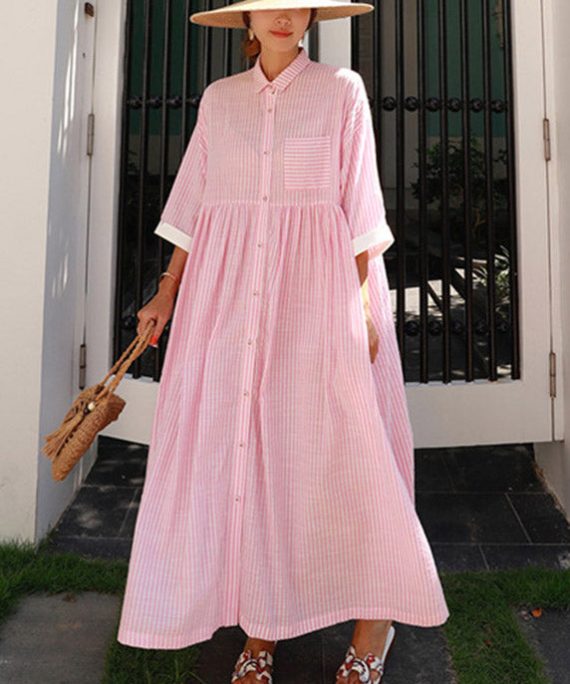 Bohemian Pink Peter Pan Collar Striped Button Pockets Wrinkled Long Dresses Half Sleeve