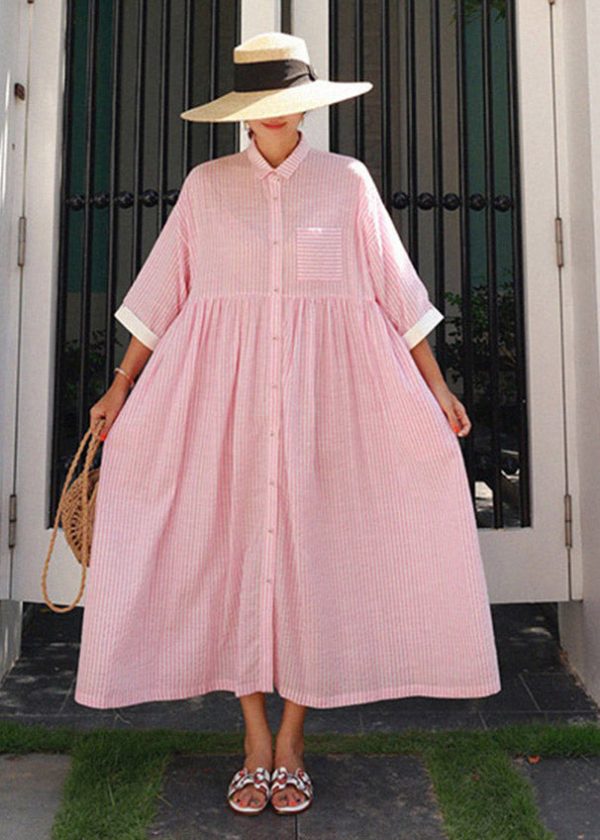 Bohemian Pink Peter Pan Collar Striped Button Pockets Wrinkled Long Dresses Half Sleeve - Image 4