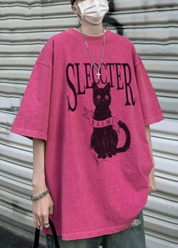 Bohemian Rose Cats Letter Oversized Cotton Mens T Shirt Half Sleeve - Image 3