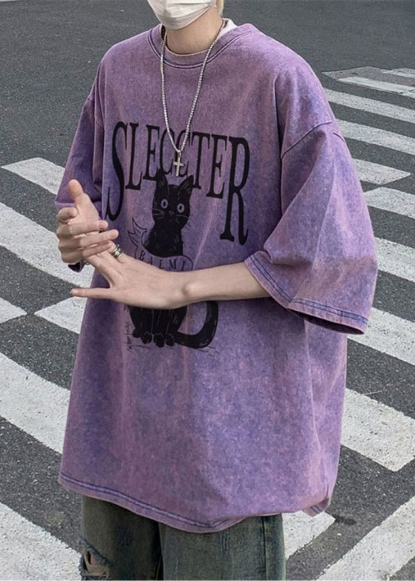 Bohemian Rose Cats Letter Oversized Cotton Mens T Shirt Half Sleeve - Image 5