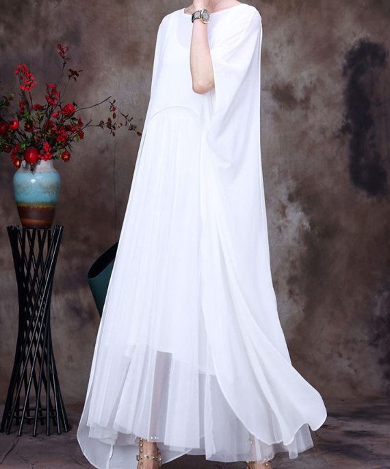 Bohemian White O-Neck asymmetrical design Chiffon Cloak Dress Batwing Sleeve