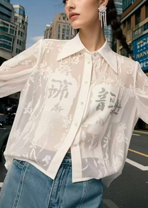Bohemian White Print Chiffon UPF 50+ Shirts Spring - Image 2