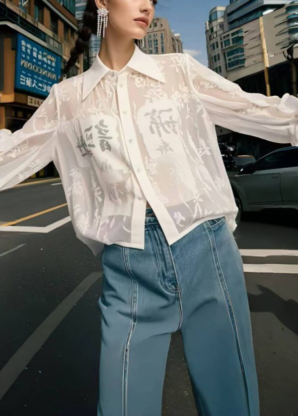 Bohemian White Print Chiffon UPF 50+ Shirts Spring - Image 3