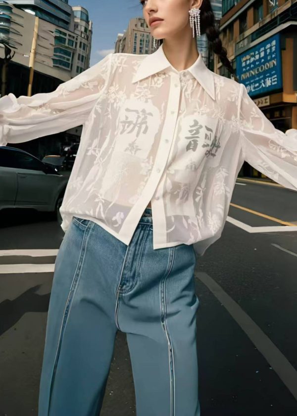 Bohemian White Print Chiffon UPF 50+ Shirts Spring - Image 5