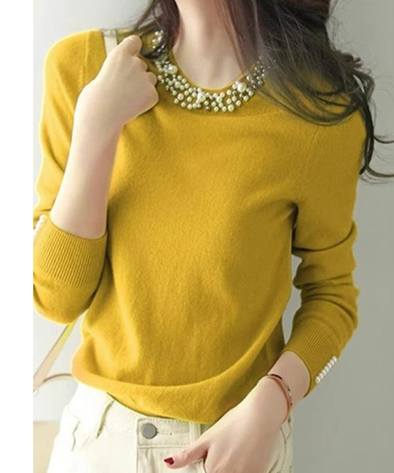 Bohemian Yellow Nail Bead Knit Shirt Spring