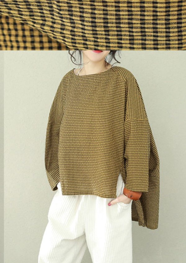 Bohemian asymmetric cotton women Fine Work black brown Plaid oversized tops - Image 5