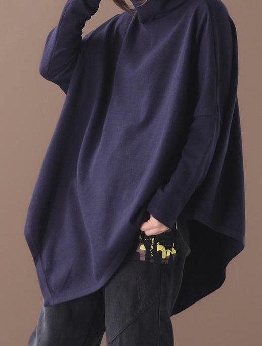 Bohemian black fall cotton shirts asymmetric hem baggy high neck top