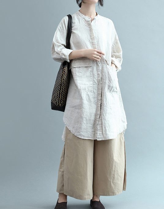 Bohemian lapel Button Down cotton top silhouette Organic Fashion beige Plus Size Clothing blouses Summer