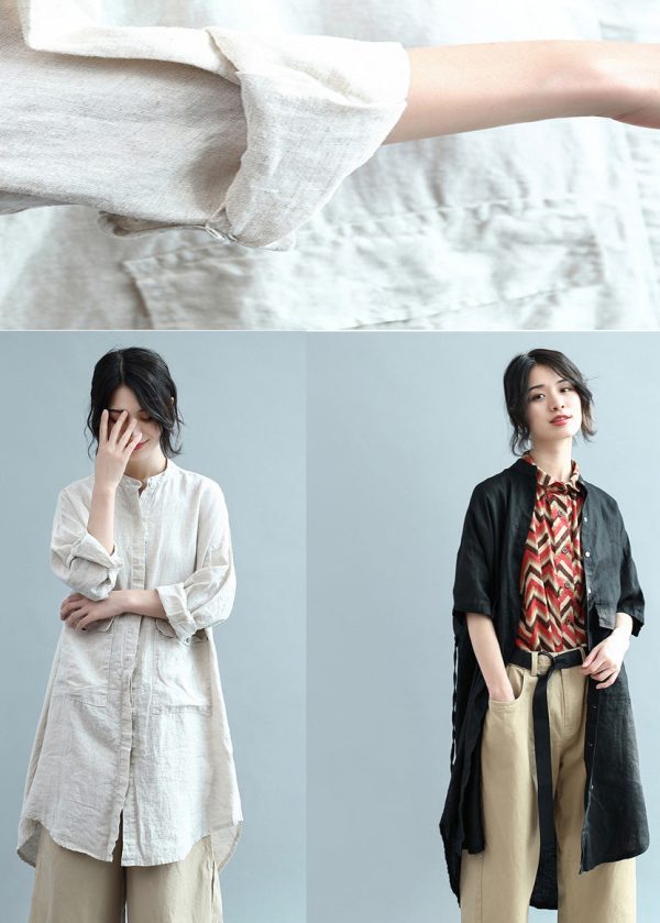 Bohemian lapel Button Down cotton top silhouette Organic Fashion beige Plus Size Clothing blouses Summer - Image 5
