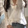 Bohemian white linen Blouse v neck fall top