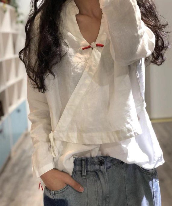 Bohemian white linen Blouse v neck fall top