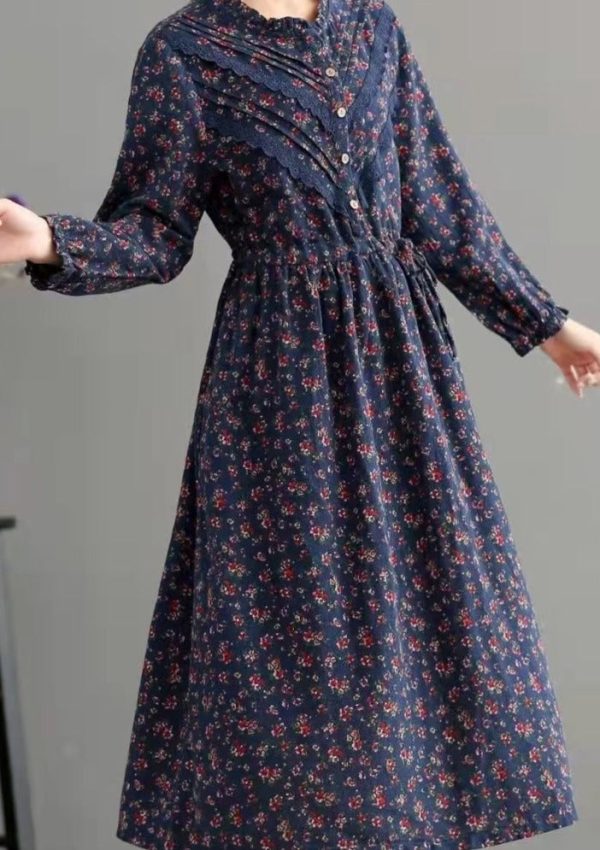 Bohemian Blue Pockets Print Loose Fall Maxi Dress Long sleeve - Image 3