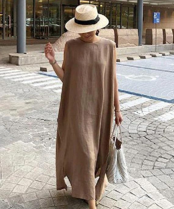 Bohemian O Neck Side Open Linen Cotton Clothes Fabrics Khaki Dress