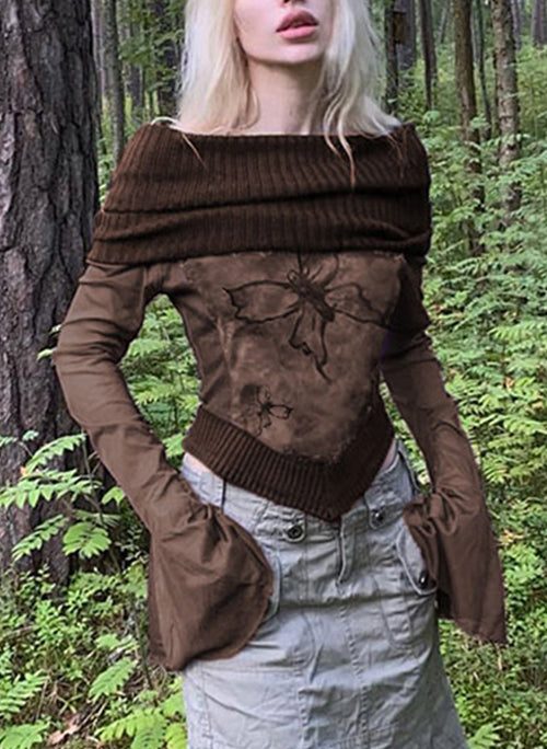 Boho Brown Print Knit Patchwork T Shirts Flare Sleeve