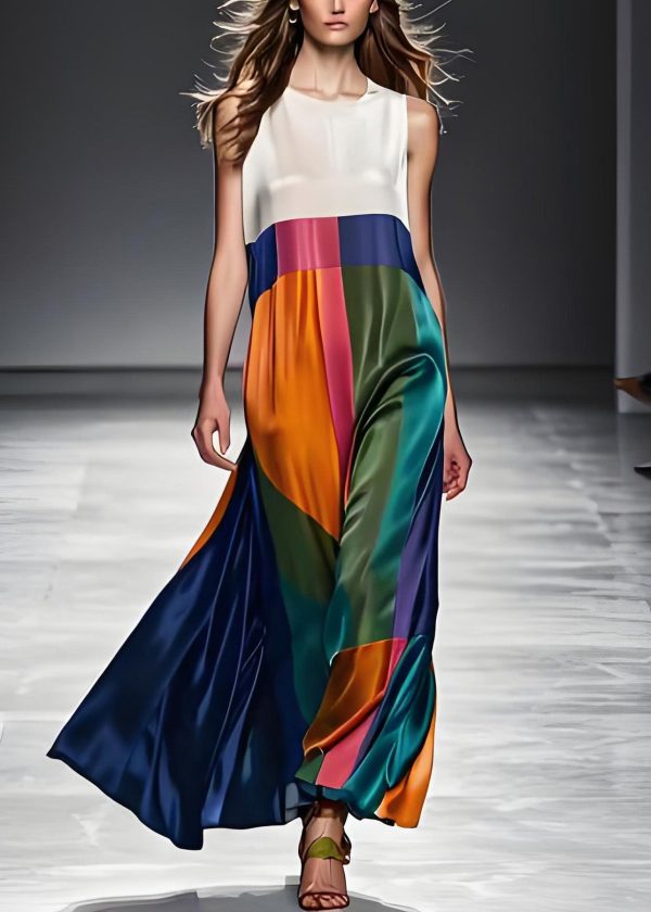 Boho Colorblock O Neck Patchwork Silk Maxi Dresses Sleeveless - Image 2