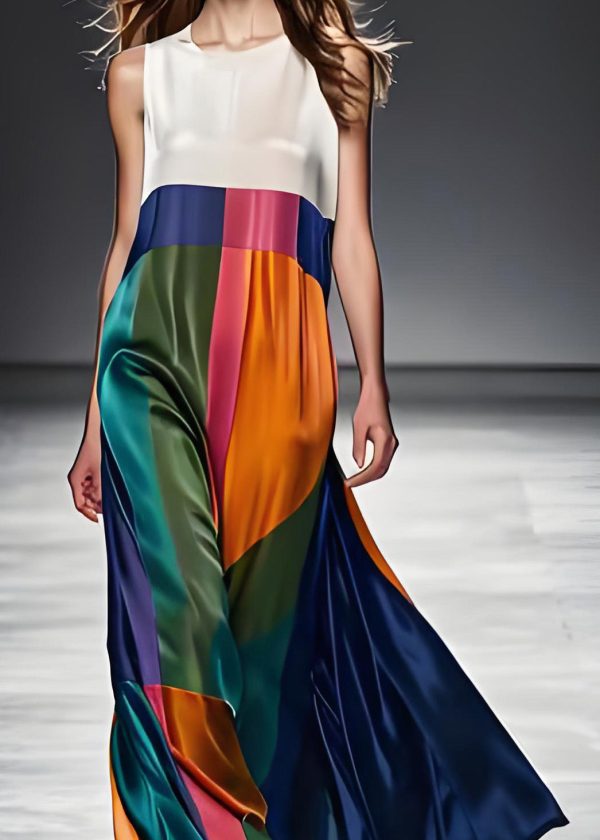 Boho Colorblock O Neck Patchwork Silk Maxi Dresses Sleeveless - Image 3