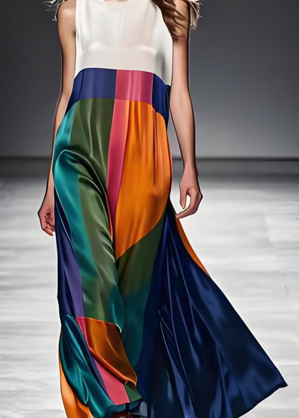 Boho Colorblock O Neck Patchwork Silk Maxi Dresses Sleeveless - Image 4