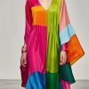 Boho Colorblock V Neck Patchwork Silk Long Dress Summer