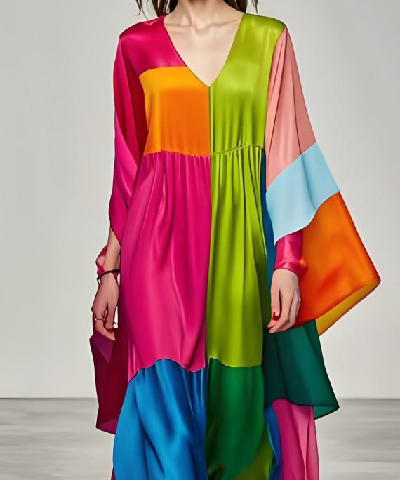 Boho Colorblock V Neck Patchwork Silk Long Dress Summer