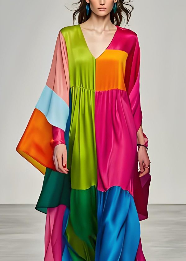 Boho Colorblock V Neck Patchwork Silk Long Dress Summer - Image 2